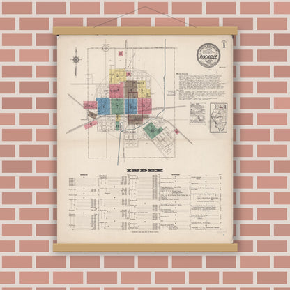 Old map wall art mockup — magnetic wood frame on brick wall — Sanborn Fire Insurance Map from Rochelle, Ogle County, Illinois (1922), Sheet #0001