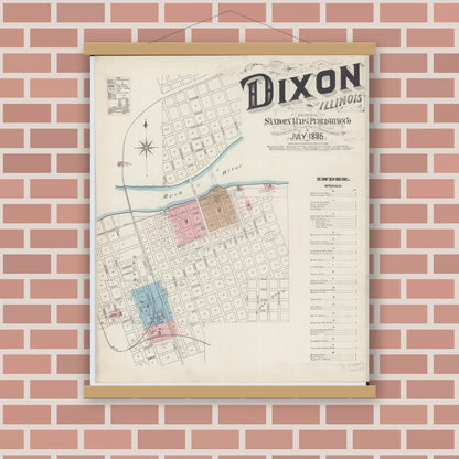 Old map wall art mockup — magnetic wood frame on brick wall — Sanborn Fire Insurance Map from Dixon, Lee County, Illinois (1885), Sheet #0001