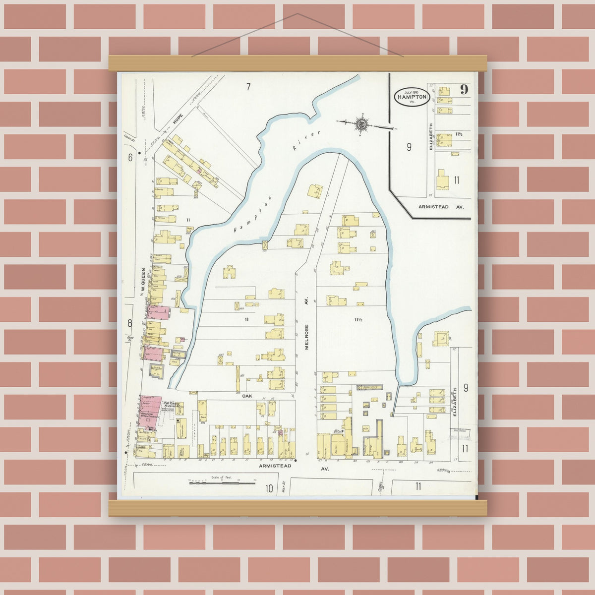 Old map wall art mockup — magnetic wood frame on brick wall — Sanborn Fire Insurance Map from Hampton, Independent Cities, Virginia (1910), Sheet #0009
