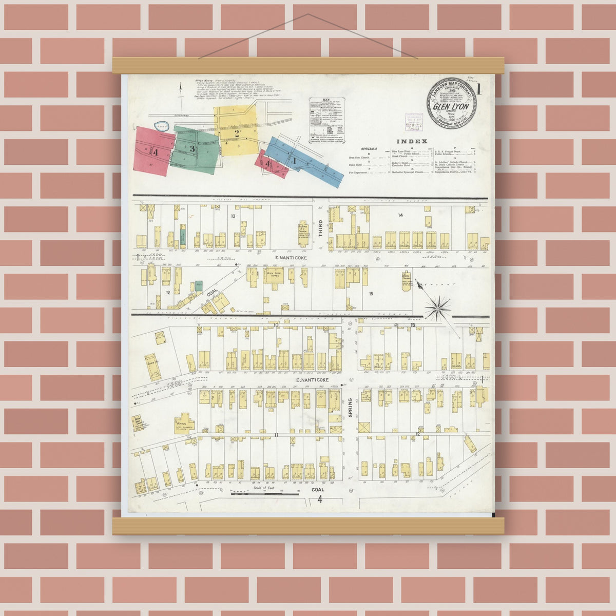 Old map wall art mockup — magnetic wood frame on brick wall — Sanborn Fire Insurance Map from Glen Lyon, Luzerne County, Pennsylvania (1907), Sheet #0001