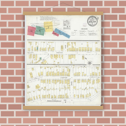 Old map wall art mockup — magnetic wood frame on brick wall — Sanborn Fire Insurance Map from Glen Lyon, Luzerne County, Pennsylvania (1907), Sheet #0001