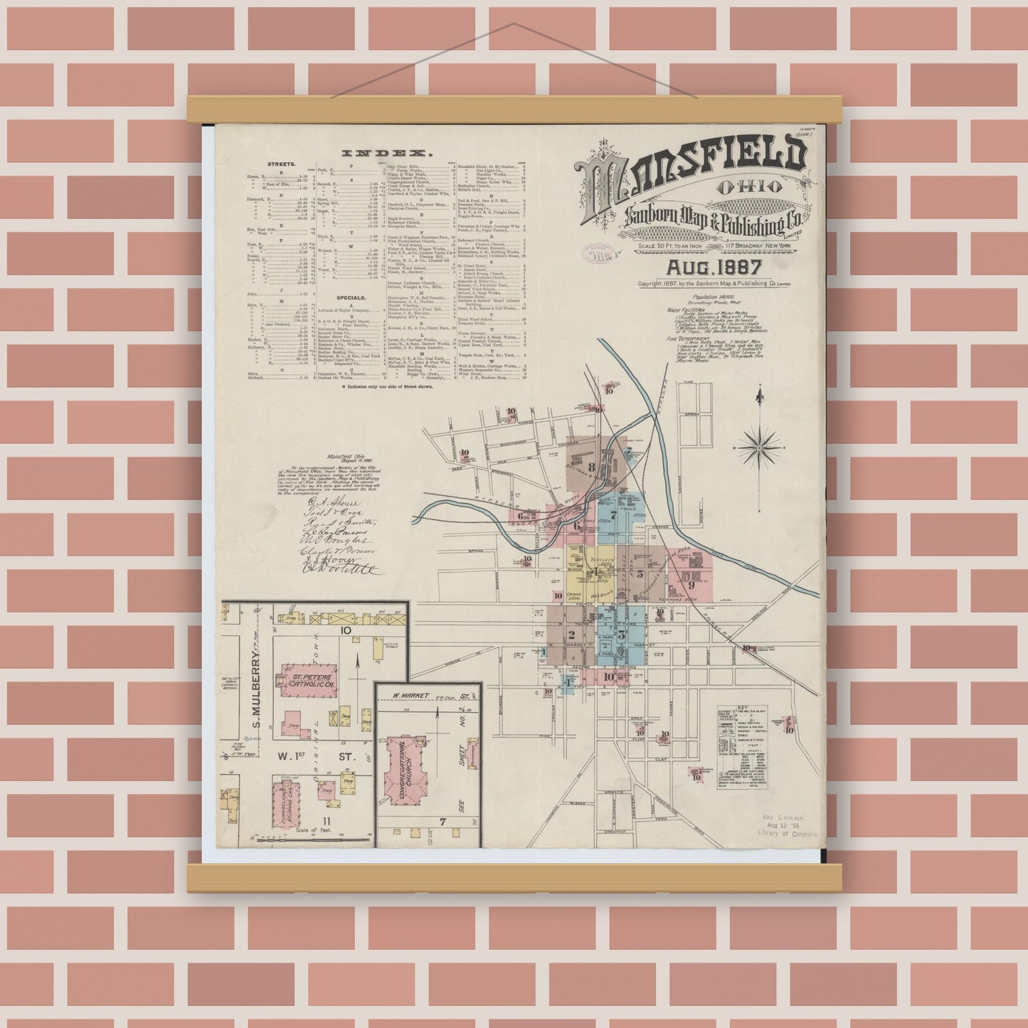Old map wall art mockup — magnetic wood frame on brick wall — Sanborn Fire Insurance Map from Mansfield, Richland County, Ohio (1887), Sheet #0001
