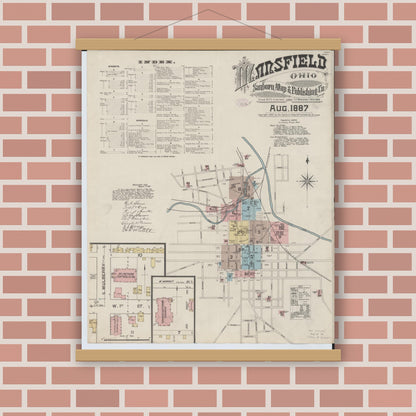 Old map wall art mockup — magnetic wood frame on brick wall — Sanborn Fire Insurance Map from Mansfield, Richland County, Ohio (1887), Sheet #0001