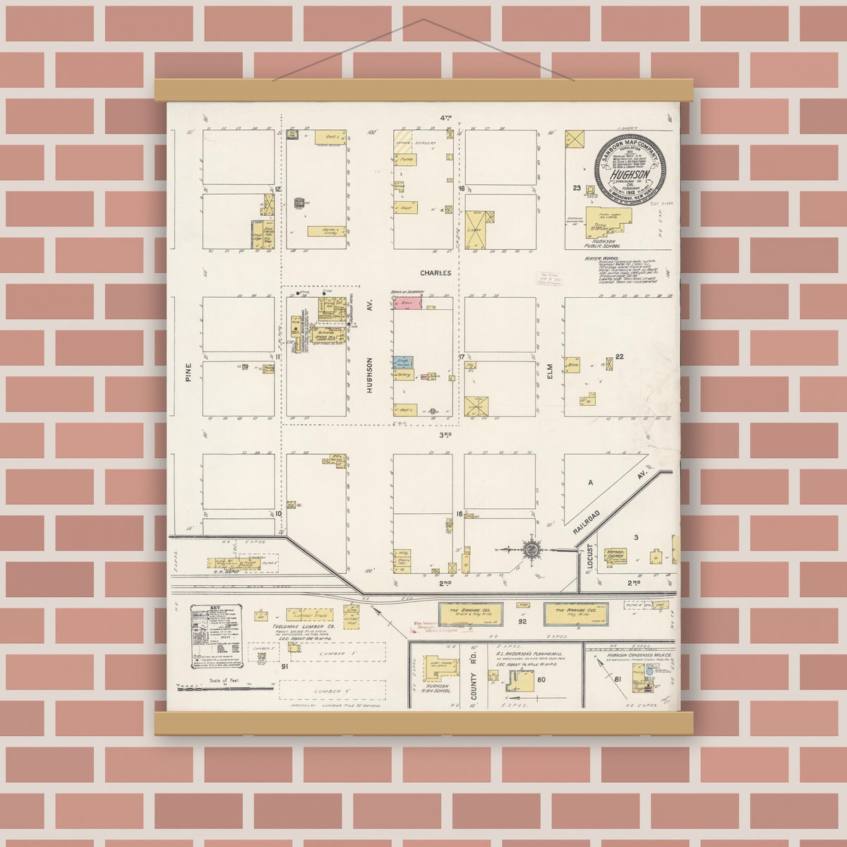 Old map wall art mockup — magnetic wood frame on brick wall — Sanborn Fire Insurance Map from Hughson, Stanislaus County, California (1912), Sheet #0001