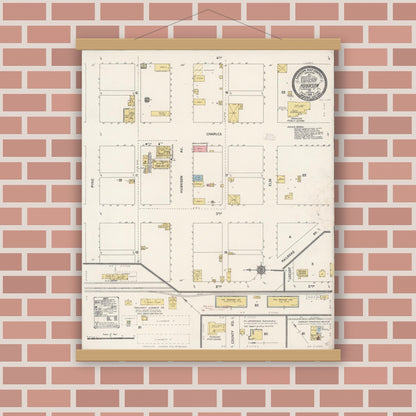Old map wall art mockup — magnetic wood frame on brick wall — Sanborn Fire Insurance Map from Hughson, Stanislaus County, California (1912), Sheet #0001
