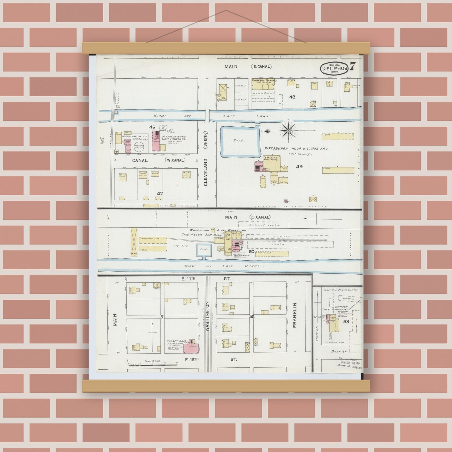 Old map wall art mockup — magnetic wood frame on brick wall — Sanborn Fire Insurance Map from Delphos, Van Wert And Allen Counties, Ohio (1892), Sheet #0007