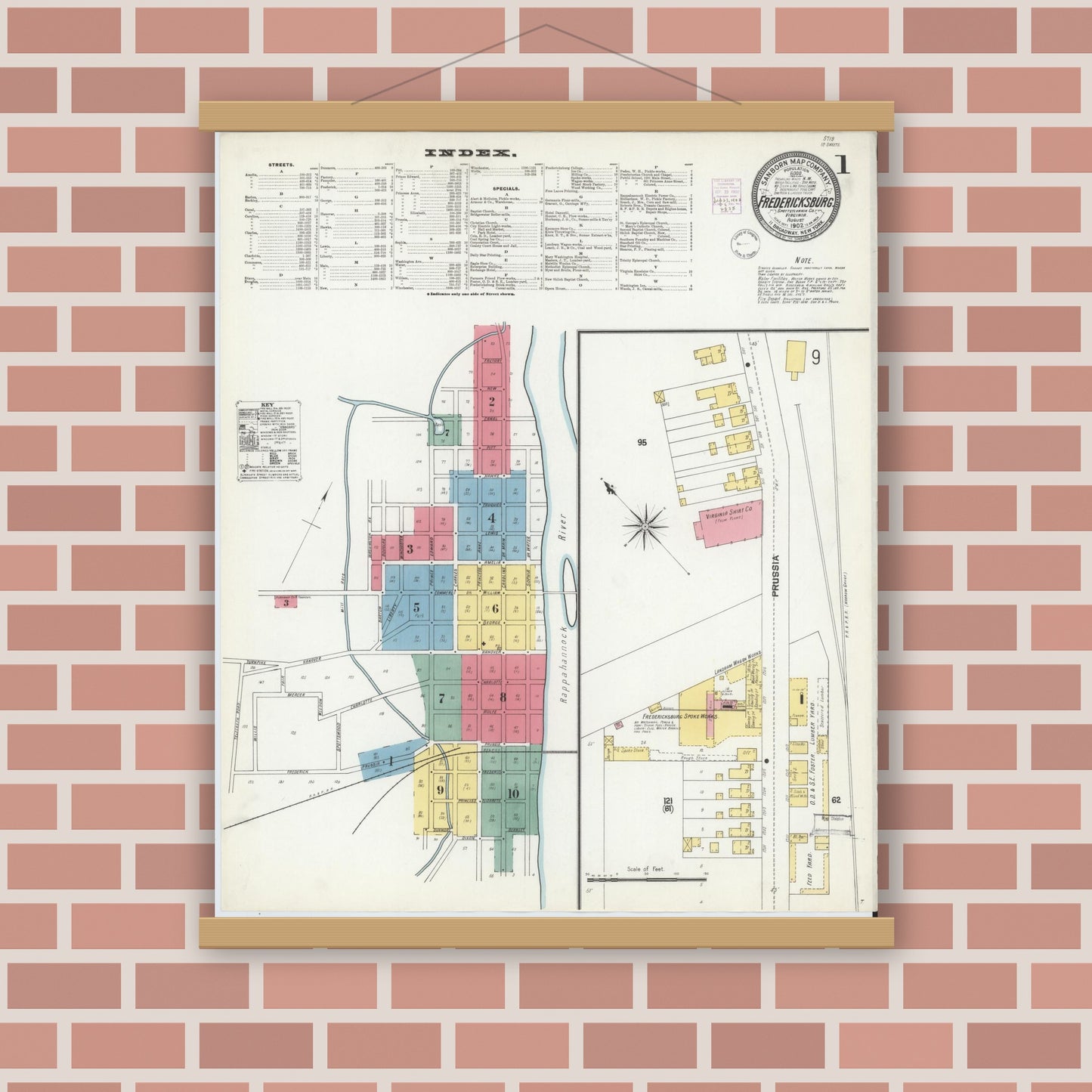 Old map wall art mockup — magnetic wood frame on brick wall — Sanborn Fire Insurance Map from Fredericksburg, Independent Cities, Virginia (1902) - Complete Map Set