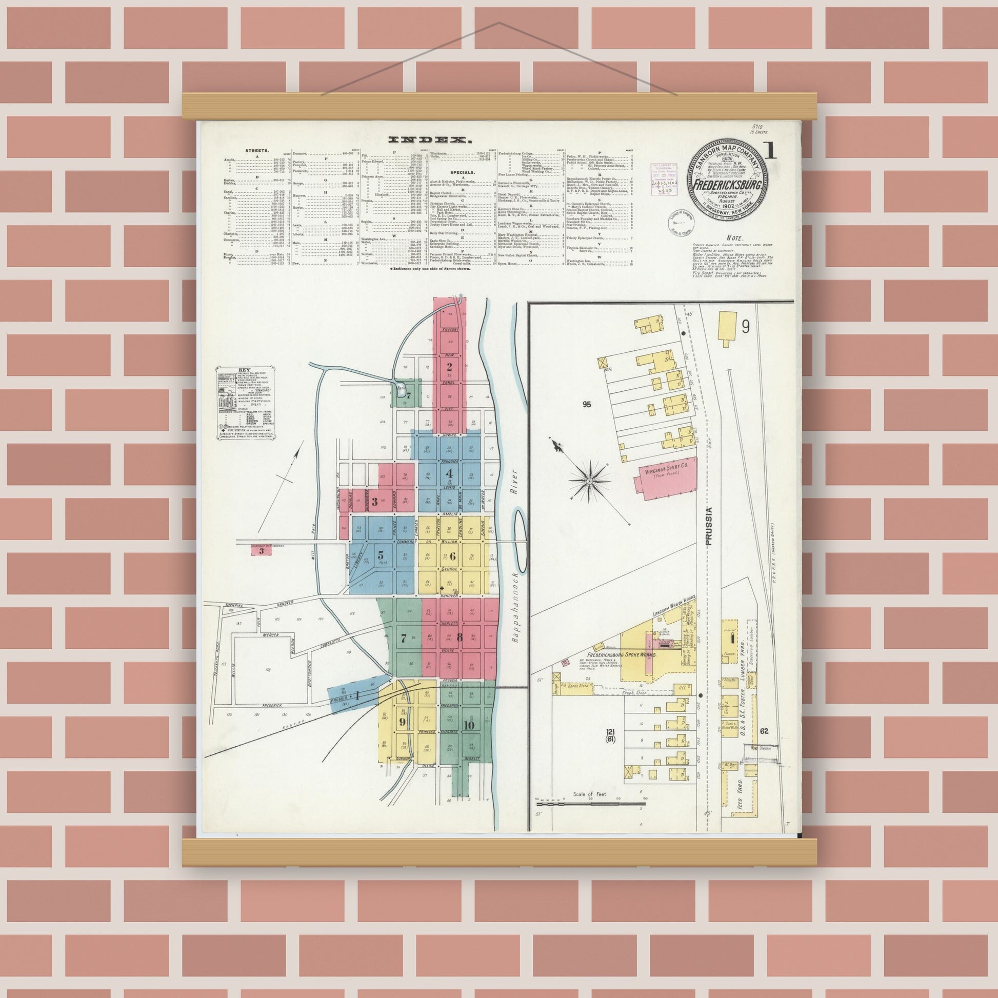 Old map wall art mockup — magnetic wood frame on brick wall — Sanborn Fire Insurance Map from Fredericksburg, Independent Cities, Virginia (1902) - Complete Map Set