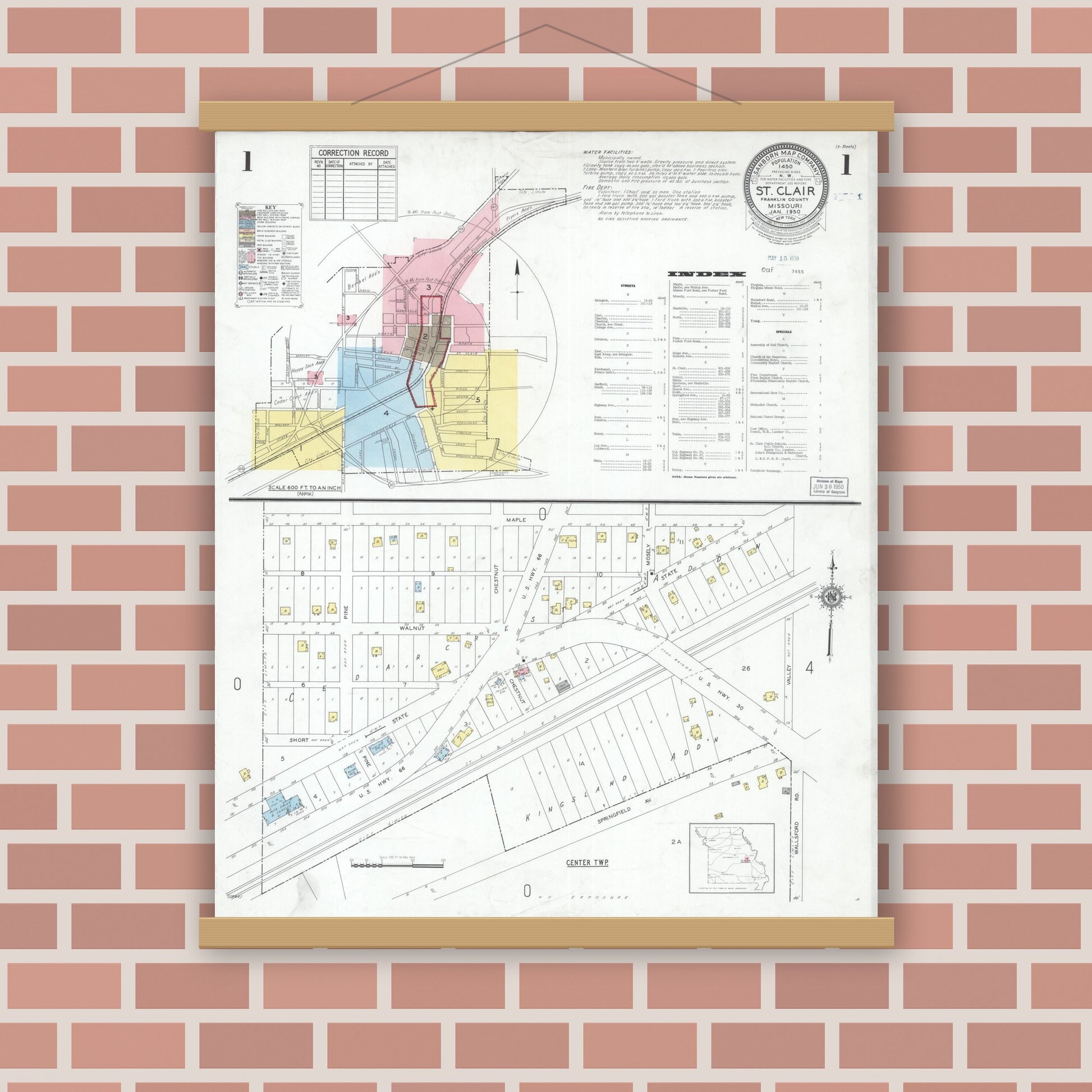 Old map wall art mockup — magnetic wood frame on brick wall — Sanborn Fire Insurance Map from Saint Clair, Franklin County, Missouri (1950), Sheet #0001