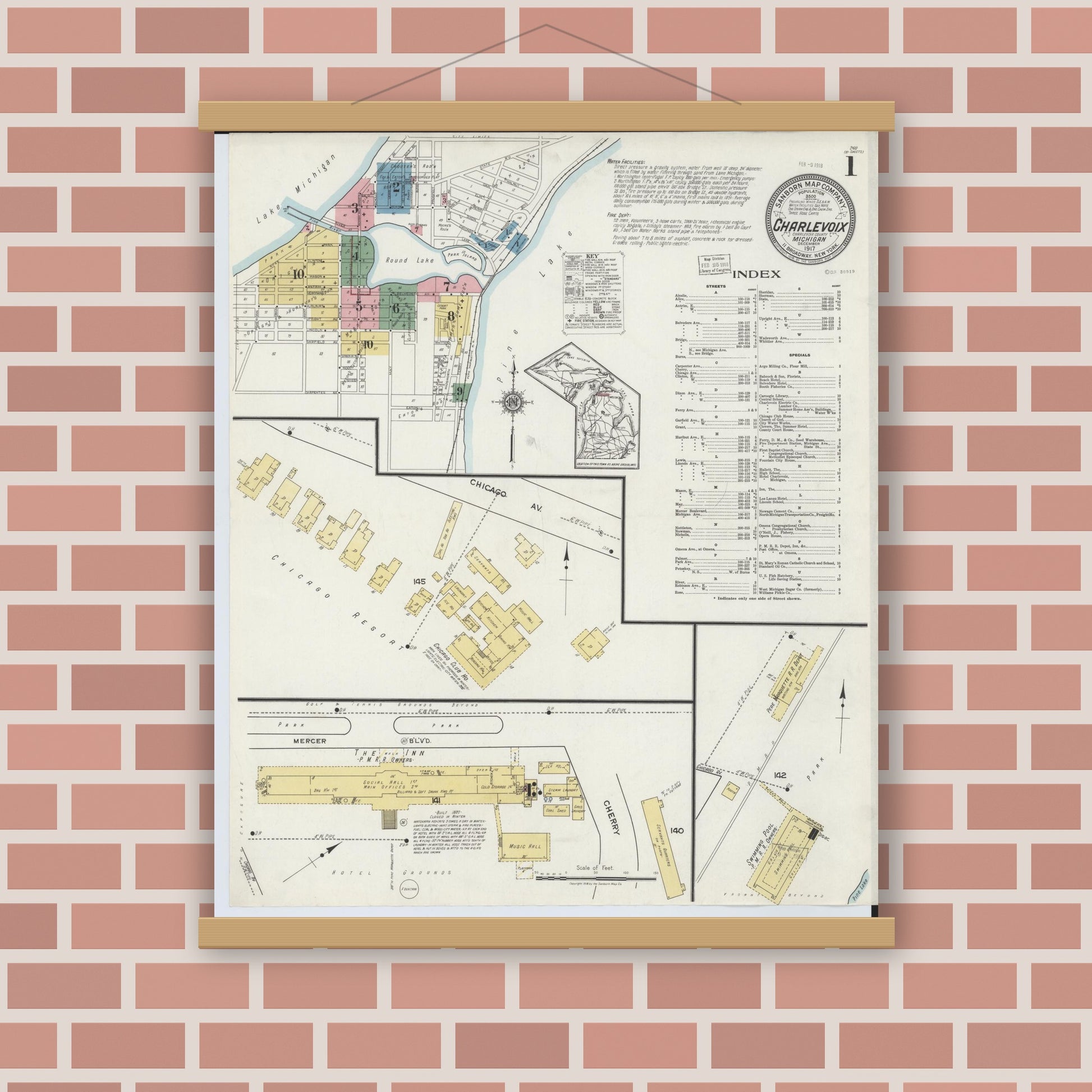 Old map wall art mockup — magnetic wood frame on brick wall — Sanborn Fire Insurance Map from Charlevoix, Charlevoix County, Michigan (1917) - Complete Map Set
