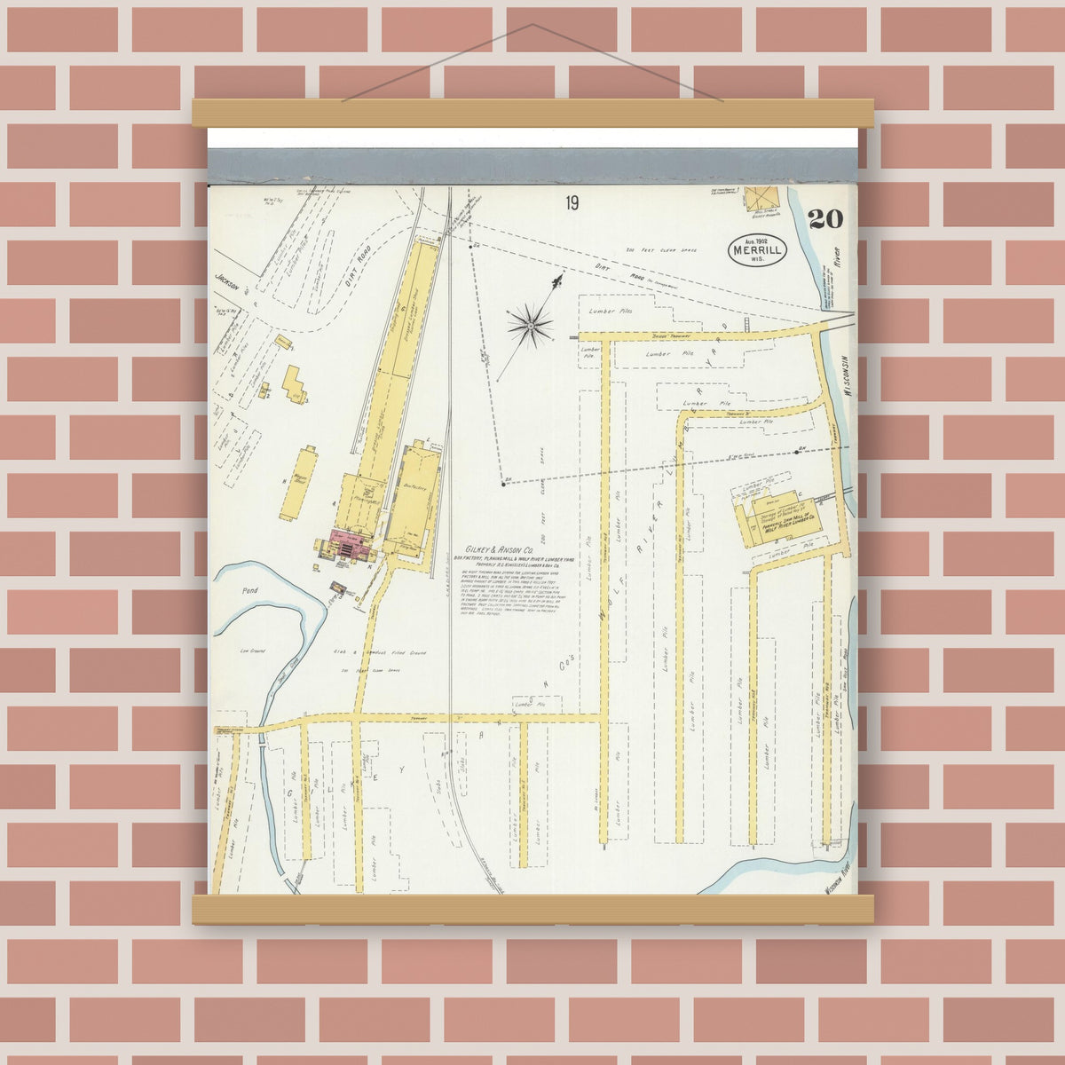 Old map wall art mockup — magnetic wood frame on brick wall — Sanborn Fire Insurance Map from Merrill, Lincoln County, Wisconsin (1902), Sheet #0020