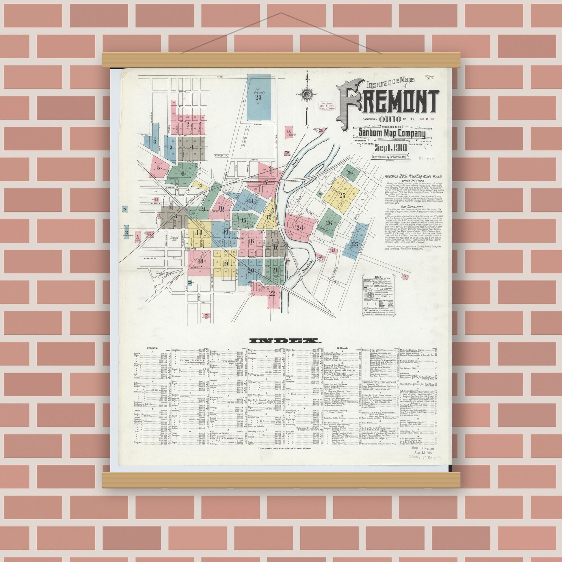 Old map wall art mockup — magnetic wood frame on brick wall — Sanborn Fire Insurance Map from Fremont, Sandusky County, Ohio (1910), Sheet #0001