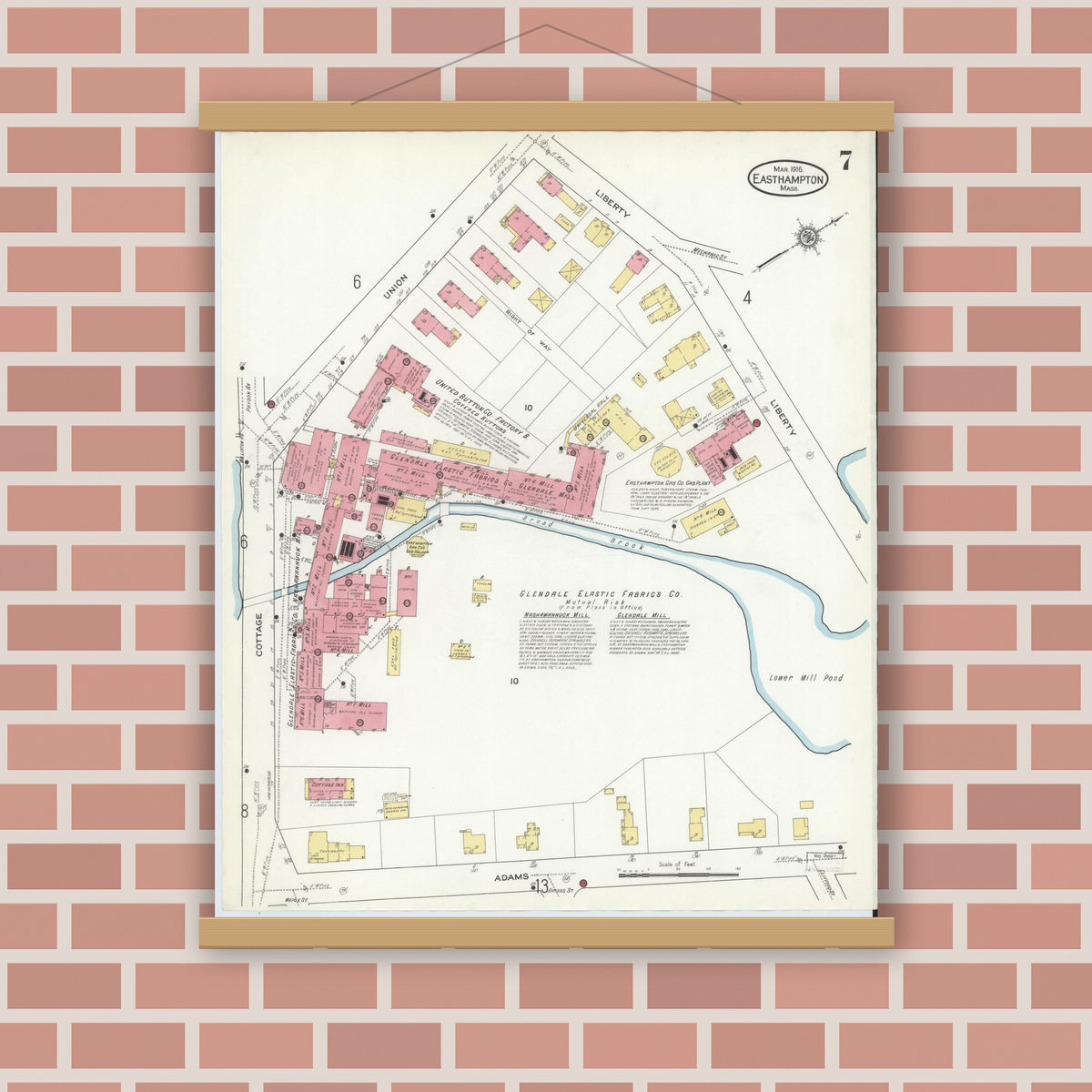 Old map wall art mockup — magnetic wood frame on brick wall — Sanborn Fire Insurance Map from East Hampton, Hampshire County, Massachusetts (1916), Sheet #0007