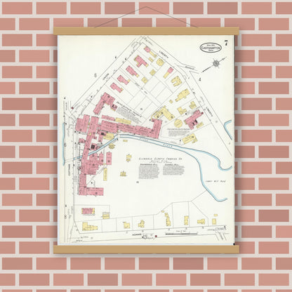 Old map wall art mockup — magnetic wood frame on brick wall — Sanborn Fire Insurance Map from East Hampton, Hampshire County, Massachusetts (1916), Sheet #0007