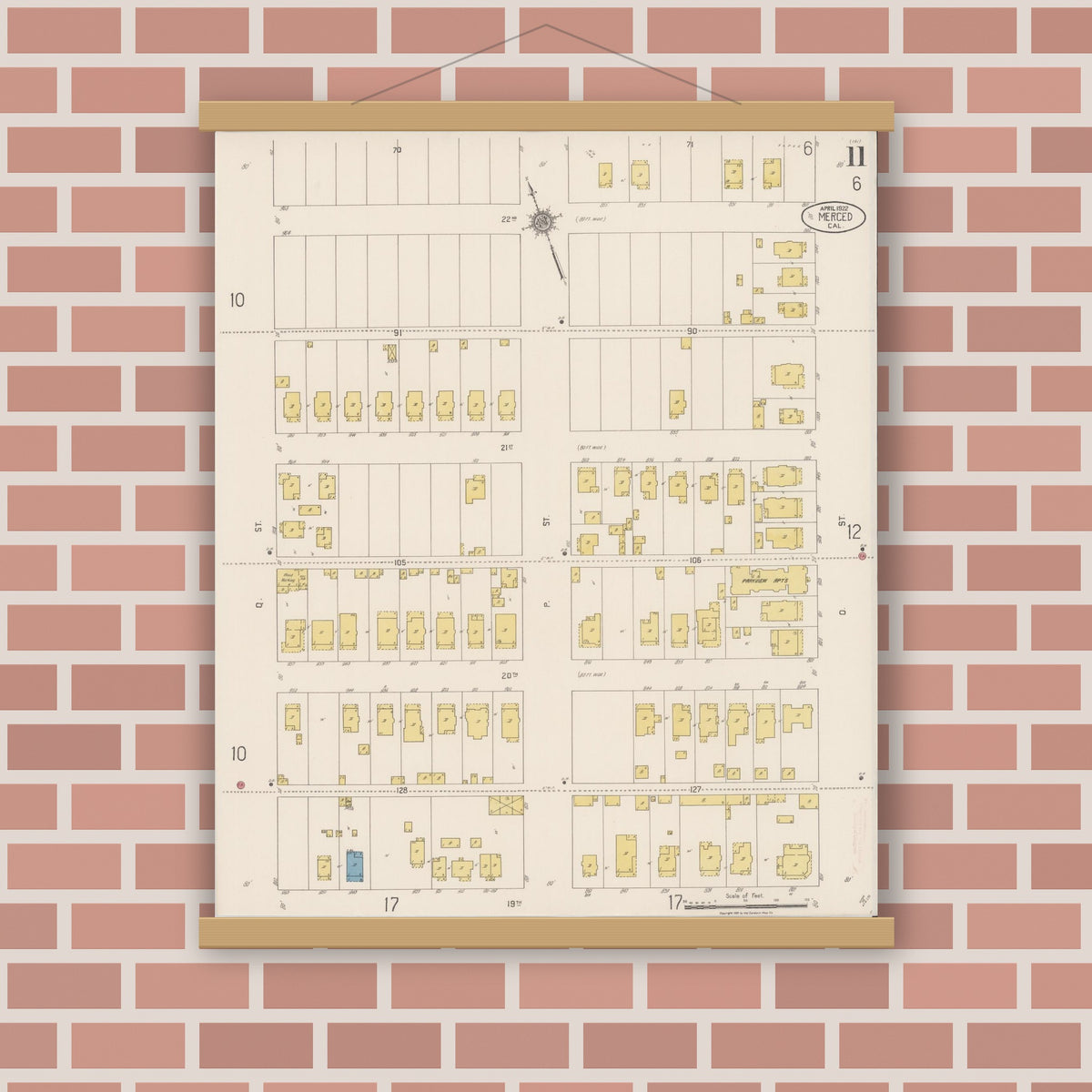 Old map wall art mockup — magnetic wood frame on brick wall — Sanborn Fire Insurance Map from Merced, Merced County, California (1922), Sheet #0011