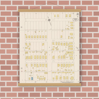 Old map wall art mockup — magnetic wood frame on brick wall — Sanborn Fire Insurance Map from Merced, Merced County, California (1922), Sheet #0011