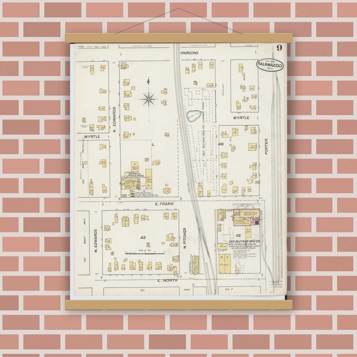 Old map wall art mockup — magnetic wood frame on brick wall — Sanborn Fire Insurance Map from Kalamazoo, Kalamazoo County, Michigan (1887), Sheet #0009