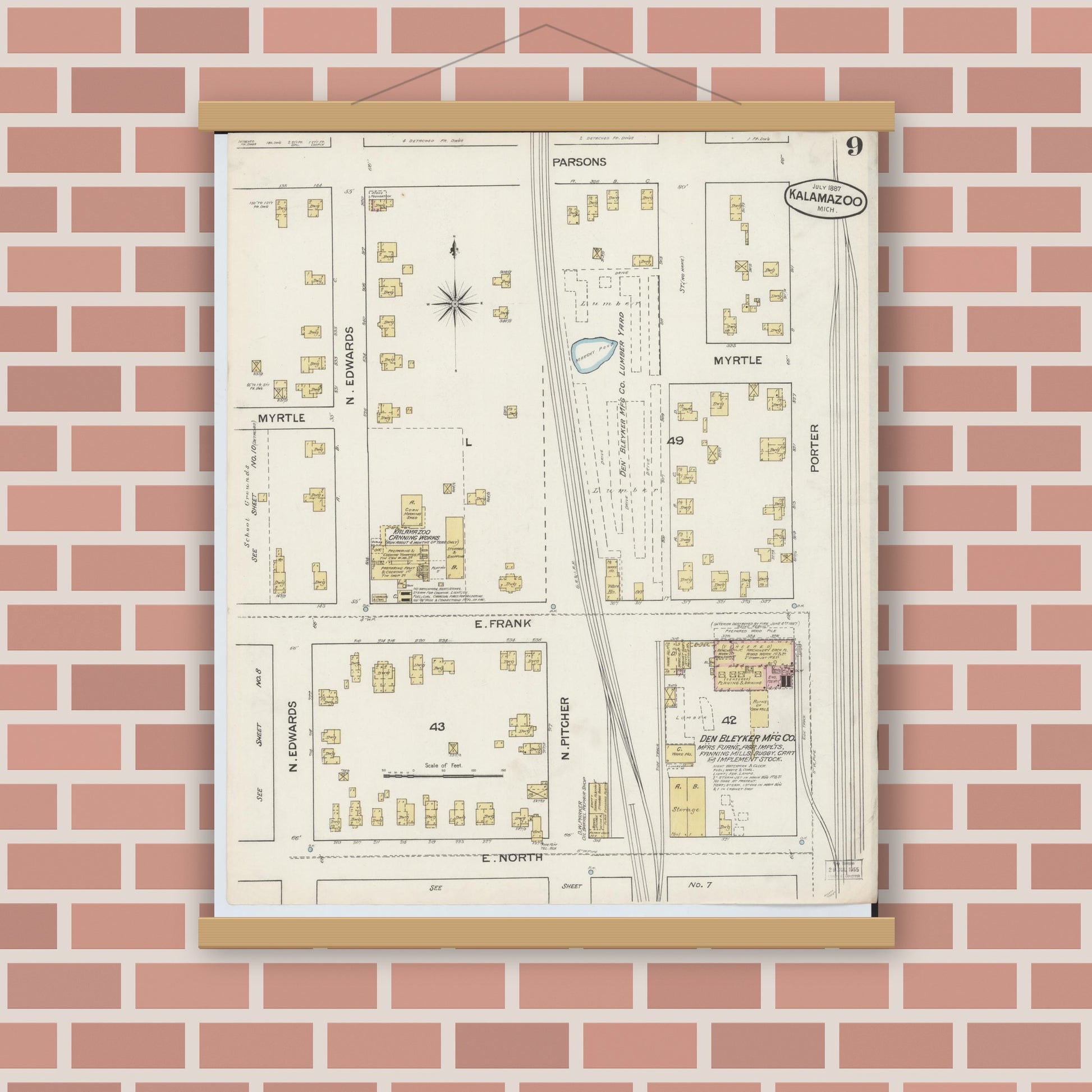 Old map wall art mockup — magnetic wood frame on brick wall — Sanborn Fire Insurance Map from Kalamazoo, Kalamazoo County, Michigan (1887), Sheet #0009