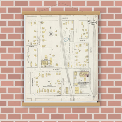 Old map wall art mockup — magnetic wood frame on brick wall — Sanborn Fire Insurance Map from Kalamazoo, Kalamazoo County, Michigan (1887), Sheet #0009