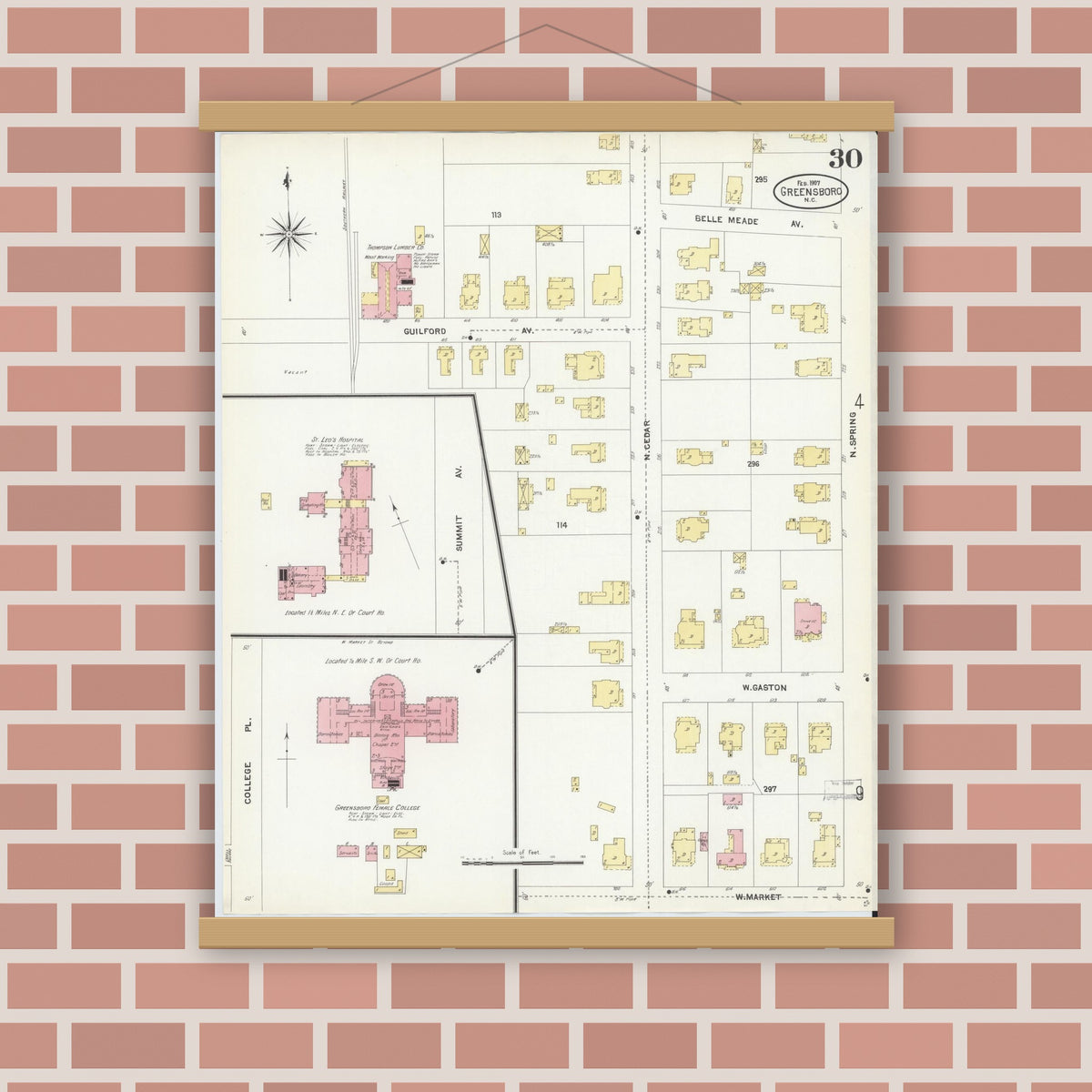 Old map wall art mockup — magnetic wood frame on brick wall — Sanborn Fire Insurance Map from Greensboro, Guilford County, North Carolina (1907), Sheet #0030
