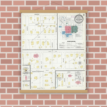 Old map wall art mockup — magnetic wood frame on brick wall — Sanborn Fire Insurance Map from Plattsburg, Clinton County, Missouri (1909) - Complete Map Set