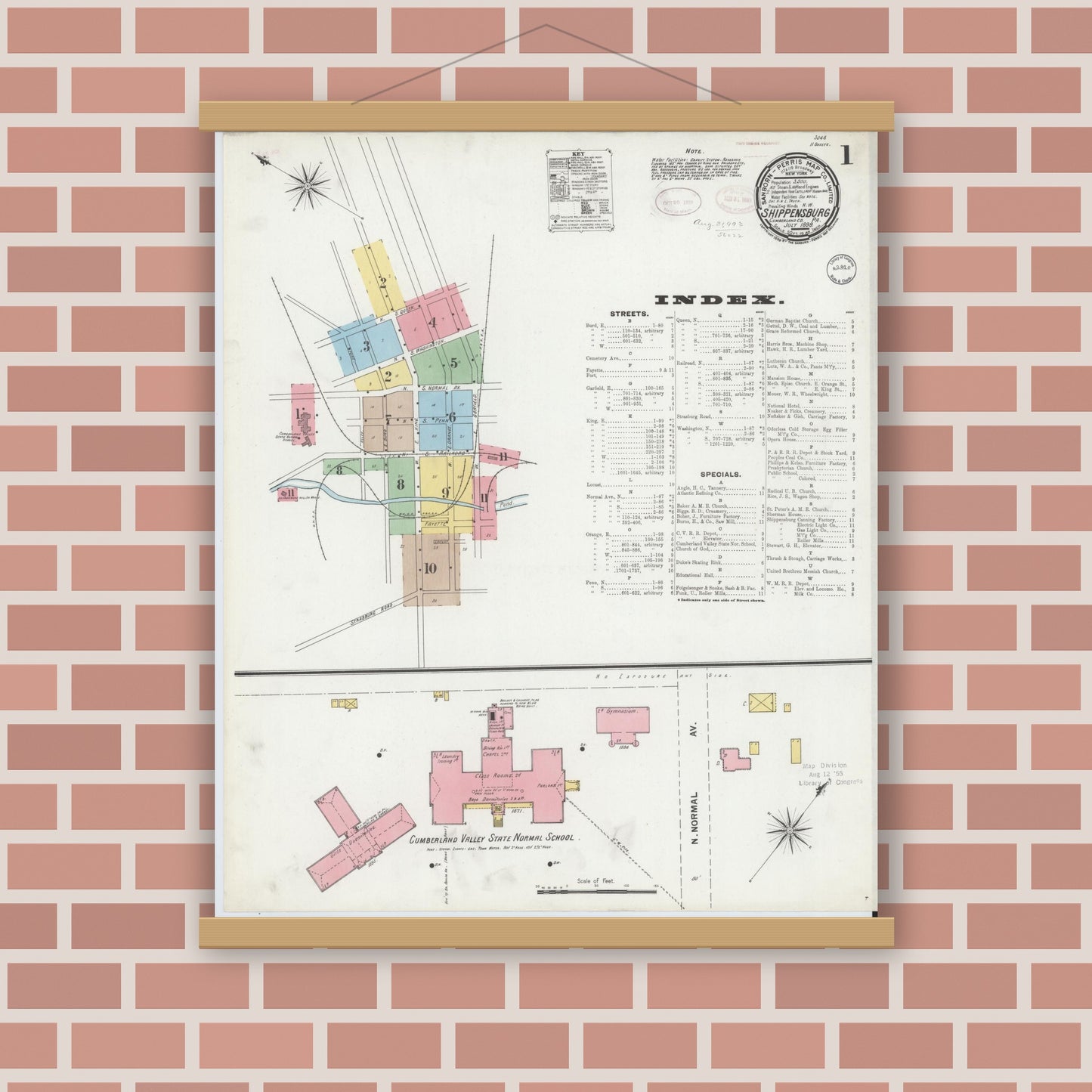 Old map wall art mockup — magnetic wood frame on brick wall — Sanborn Fire Insurance Map from Shippensburg, Cumberland And Franklin Counties, Pennsylvania (1899) - Complete Map Set