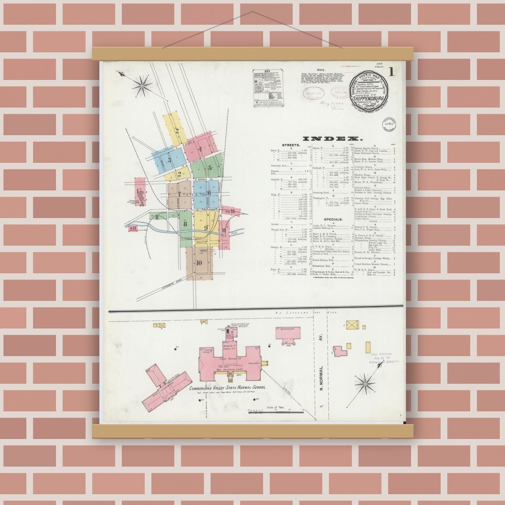Old map wall art mockup — magnetic wood frame on brick wall — Sanborn Fire Insurance Map from Shippensburg, Cumberland And Franklin Counties, Pennsylvania (1899) - Complete Map Set