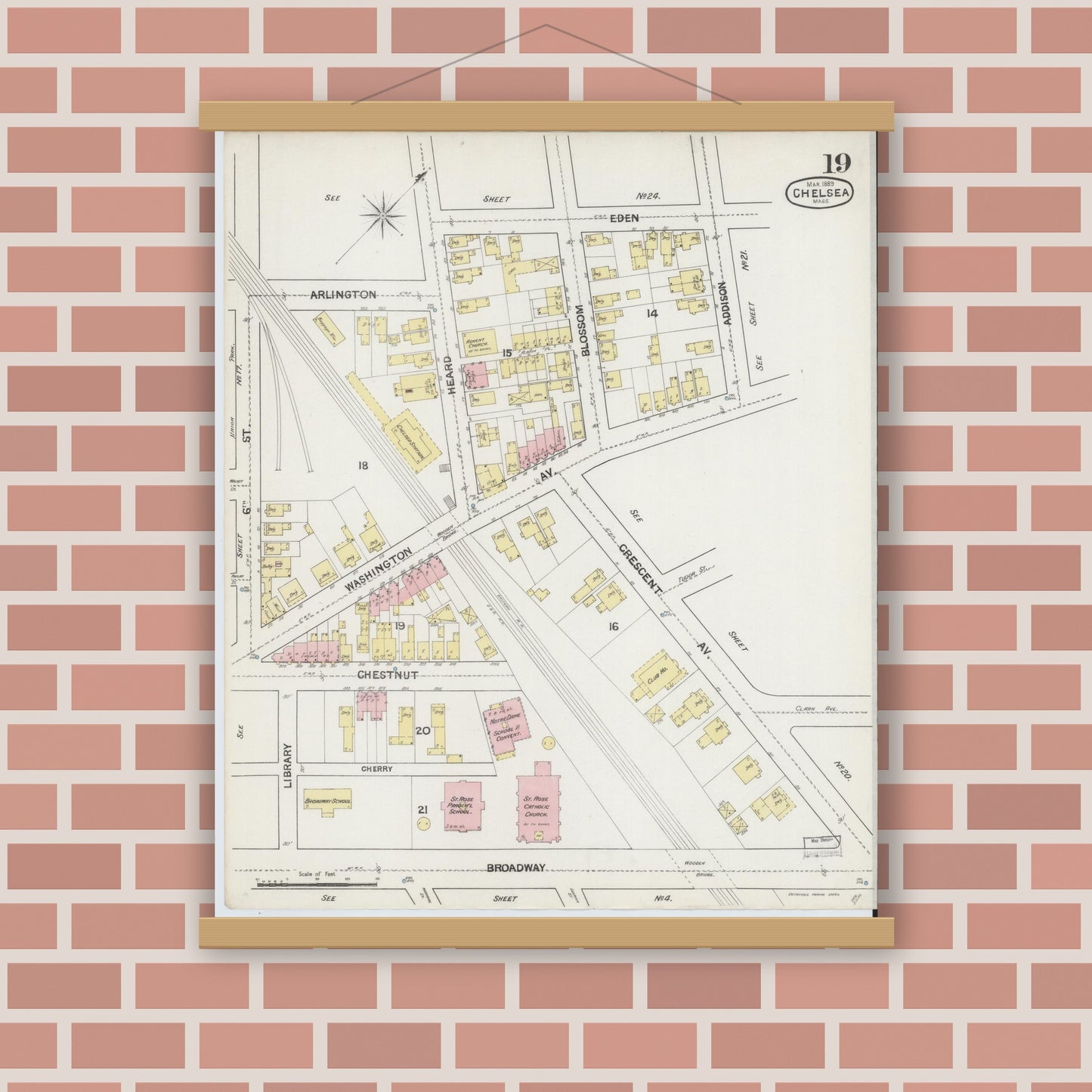 Old map wall art mockup — magnetic wood frame on brick wall — Sanborn Fire Insurance Map from Chelsea, Suffolk County, Massachusetts (1889), Sheet #0019