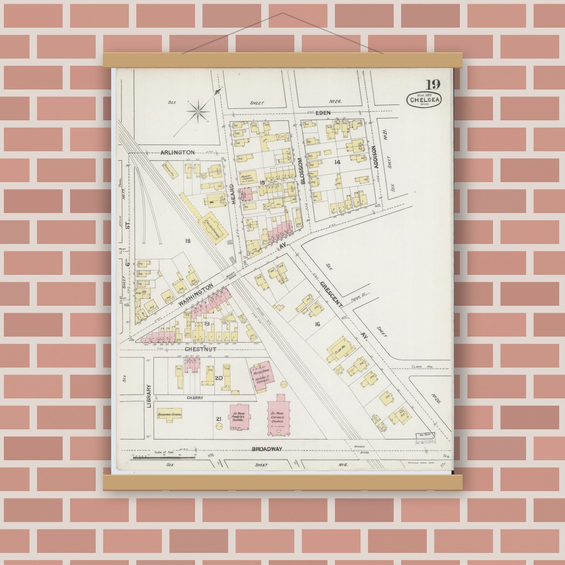 Old map wall art mockup — magnetic wood frame on brick wall — Sanborn Fire Insurance Map from Chelsea, Suffolk County, Massachusetts (1889), Sheet #0019