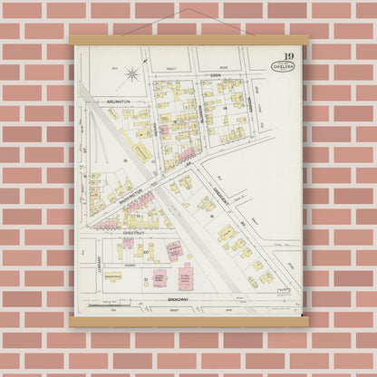 Old map wall art mockup — magnetic wood frame on brick wall — Sanborn Fire Insurance Map from Chelsea, Suffolk County, Massachusetts (1889), Sheet #0019