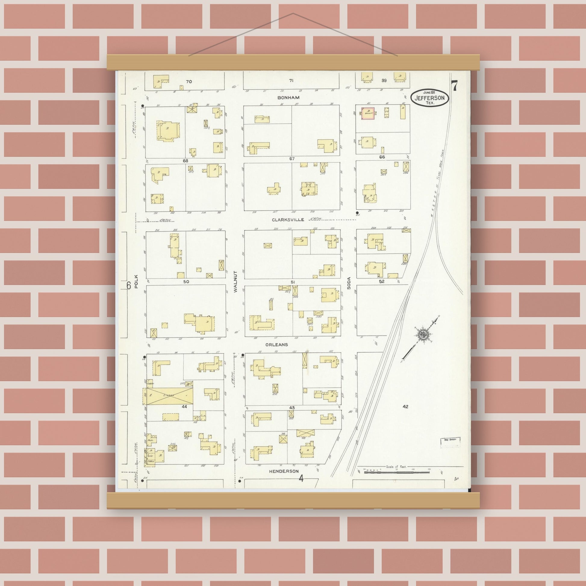 Old map wall art mockup — magnetic wood frame on brick wall — Sanborn Fire Insurance Map from Jefferson, Marion County, Texas (1911), Sheet #0007