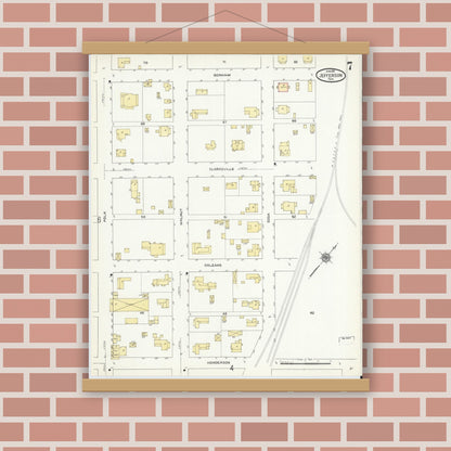 Old map wall art mockup — magnetic wood frame on brick wall — Sanborn Fire Insurance Map from Jefferson, Marion County, Texas (1911), Sheet #0007