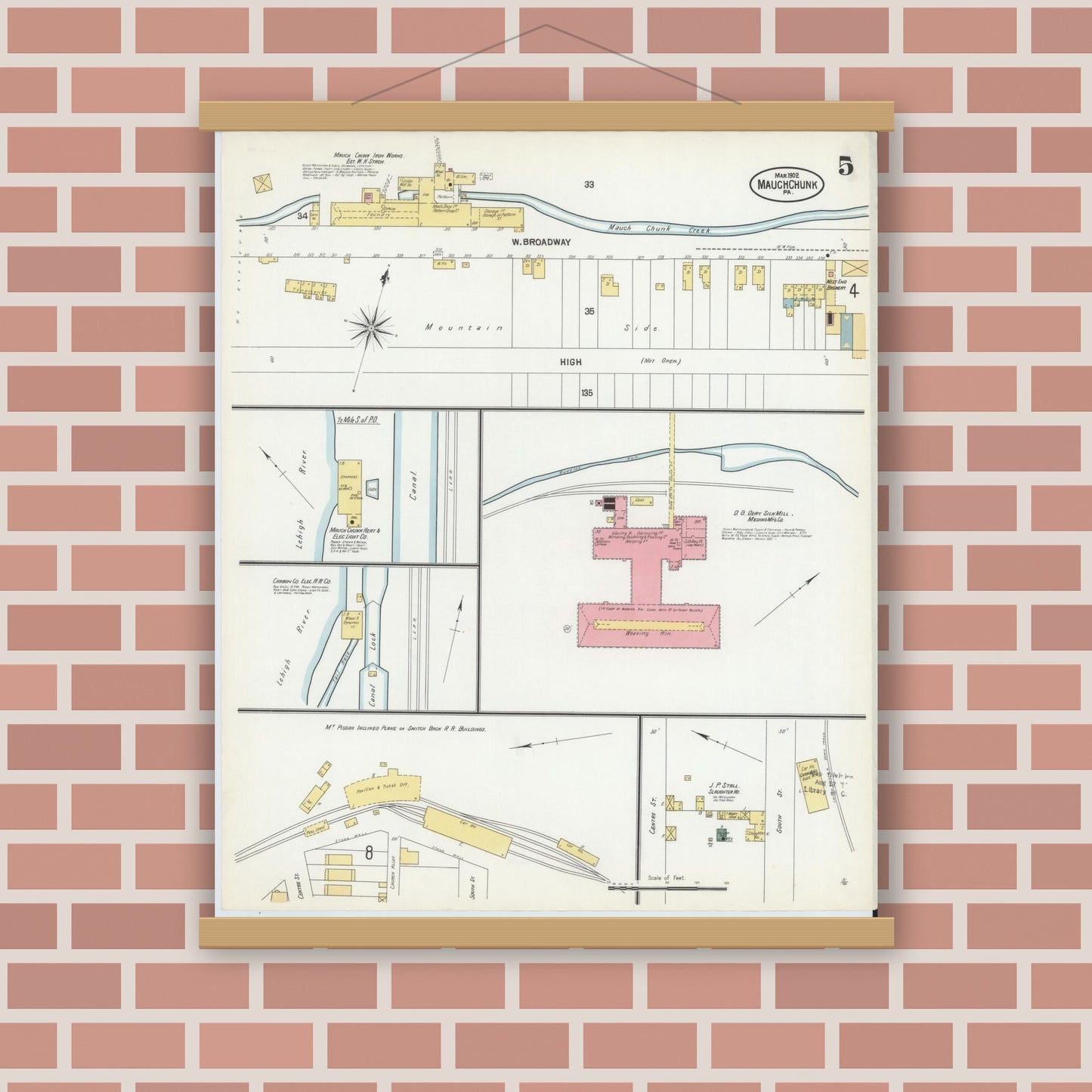 Old map wall art mockup — magnetic wood frame on brick wall — Sanborn Fire Insurance Map from Mauch Chunk, Carbon County, Pennsylvania (1902), Sheet #0005