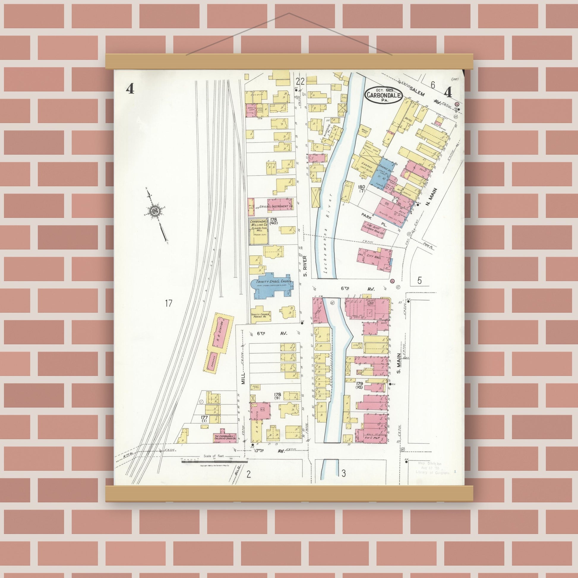 Old map wall art mockup — magnetic wood frame on brick wall — Sanborn Fire Insurance Map from Carbondale, Lackawanna County, Pennsylvania (1923), Sheet #0004