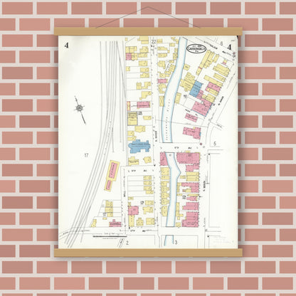 Old map wall art mockup — magnetic wood frame on brick wall — Sanborn Fire Insurance Map from Carbondale, Lackawanna County, Pennsylvania (1923), Sheet #0004