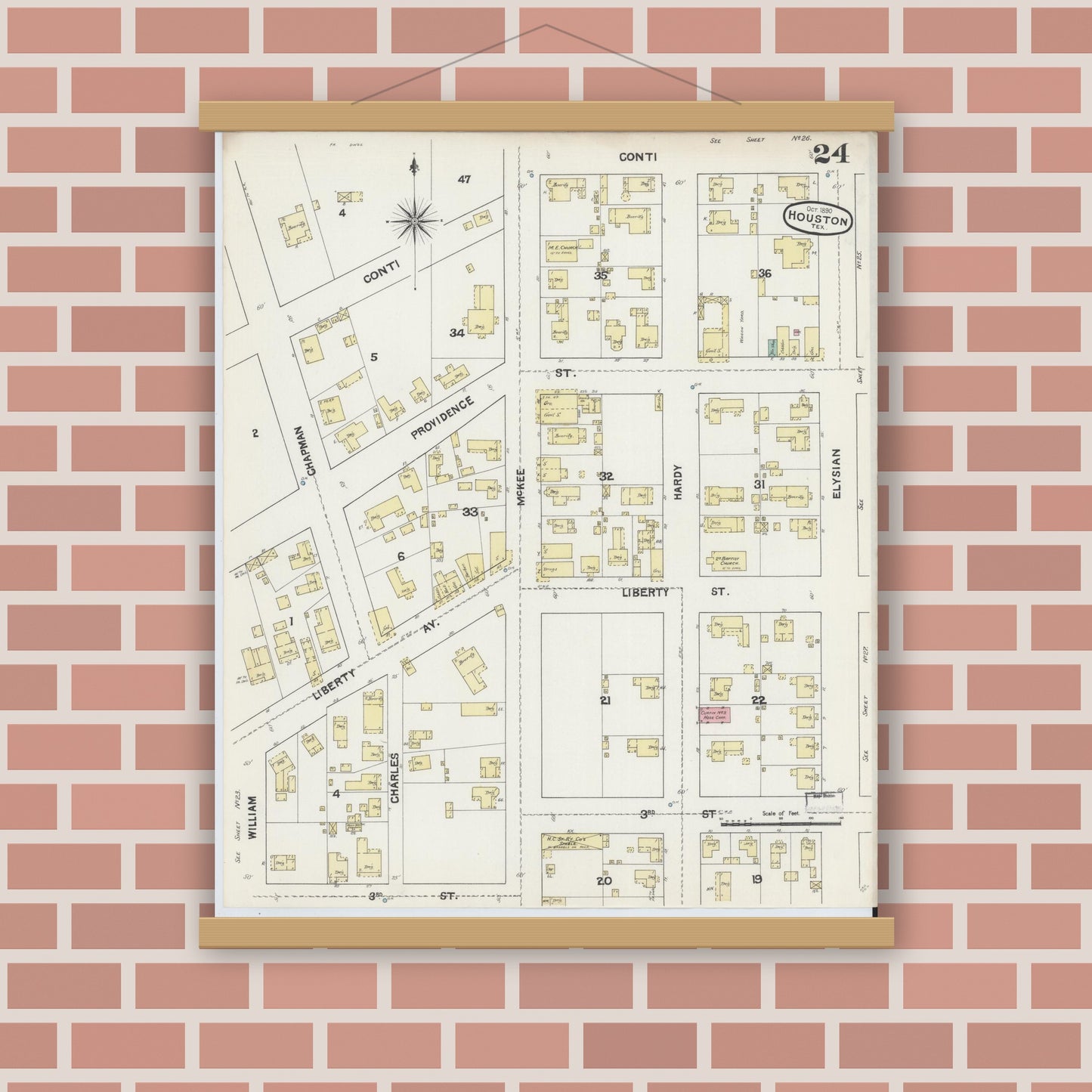 Old map wall art mockup — magnetic wood frame on brick wall — Sanborn Fire Insurance Map from Houston, Harris County, Texas (1890), Sheet #0024