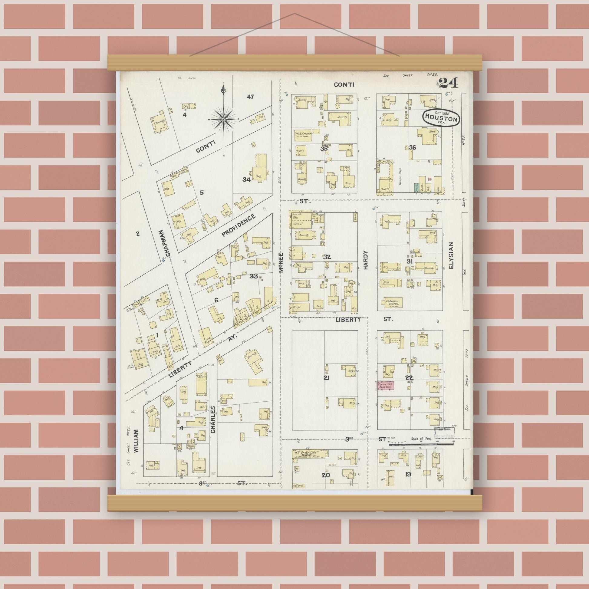 Old map wall art mockup — magnetic wood frame on brick wall — Sanborn Fire Insurance Map from Houston, Harris County, Texas (1890), Sheet #0024