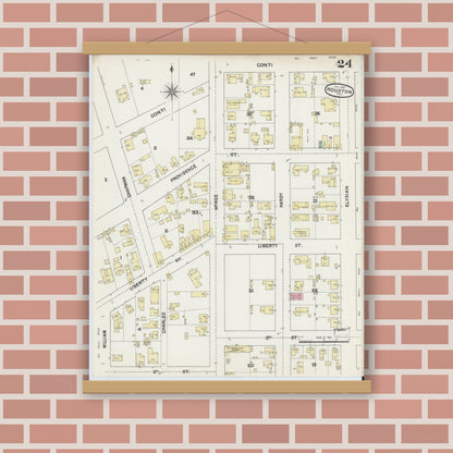 Old map wall art mockup — magnetic wood frame on brick wall — Sanborn Fire Insurance Map from Houston, Harris County, Texas (1890), Sheet #0024