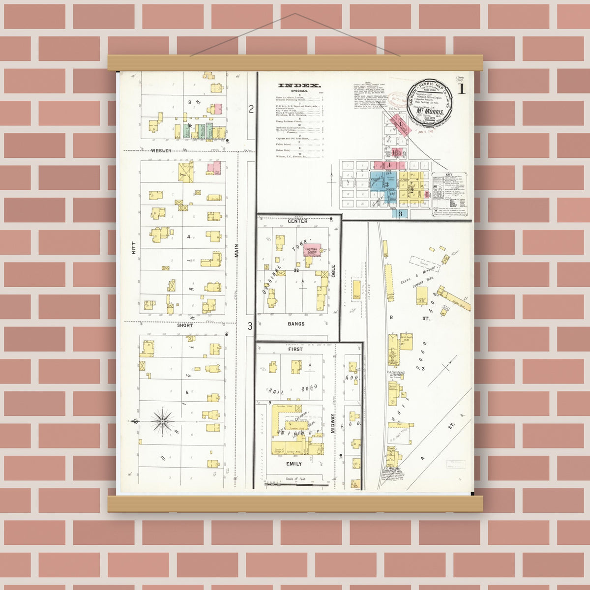 Old map wall art mockup — magnetic wood frame on brick wall — Sanborn Fire Insurance Map from Mount Morris, Ogle County, Illinois (1899) - Complete Map Set