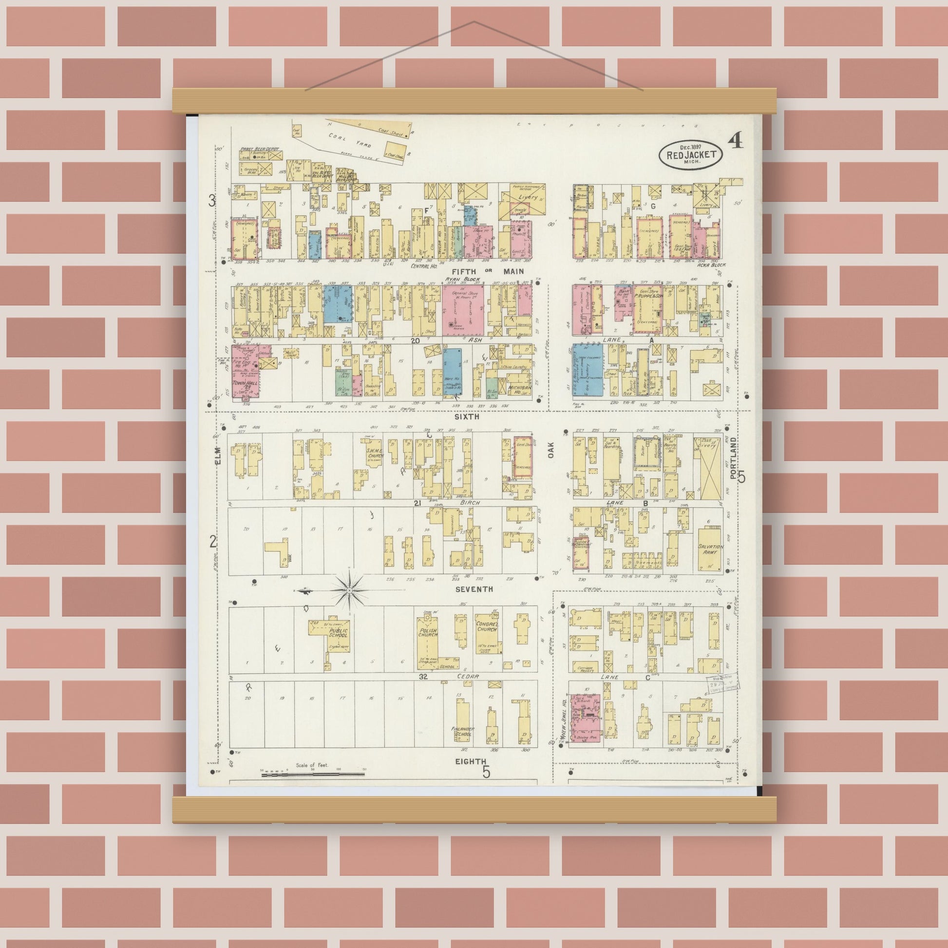 Old map wall art mockup — magnetic wood frame on brick wall — Sanborn Fire Insurance Map from Red Jacket, Houghton County, Michigan (1897), Sheet #0004