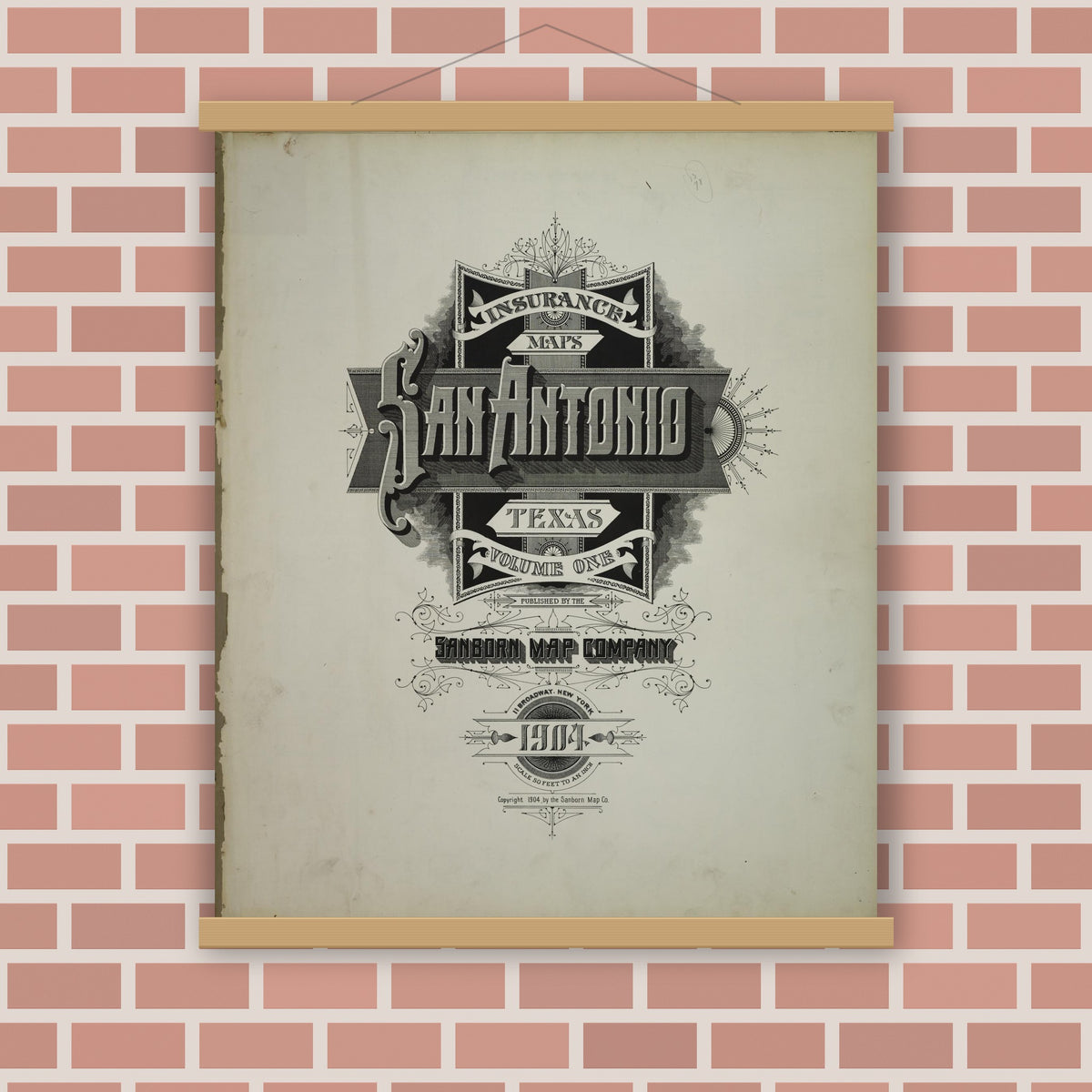 Old map wall art mockup — magnetic wood frame on brick wall — Sanborn Fire Insurance Map from San Antonio, Bexar County, Texas (1904), Sheet #0001