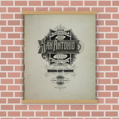 Old map wall art mockup — magnetic wood frame on brick wall — Sanborn Fire Insurance Map from San Antonio, Bexar County, Texas (1904), Sheet #0001