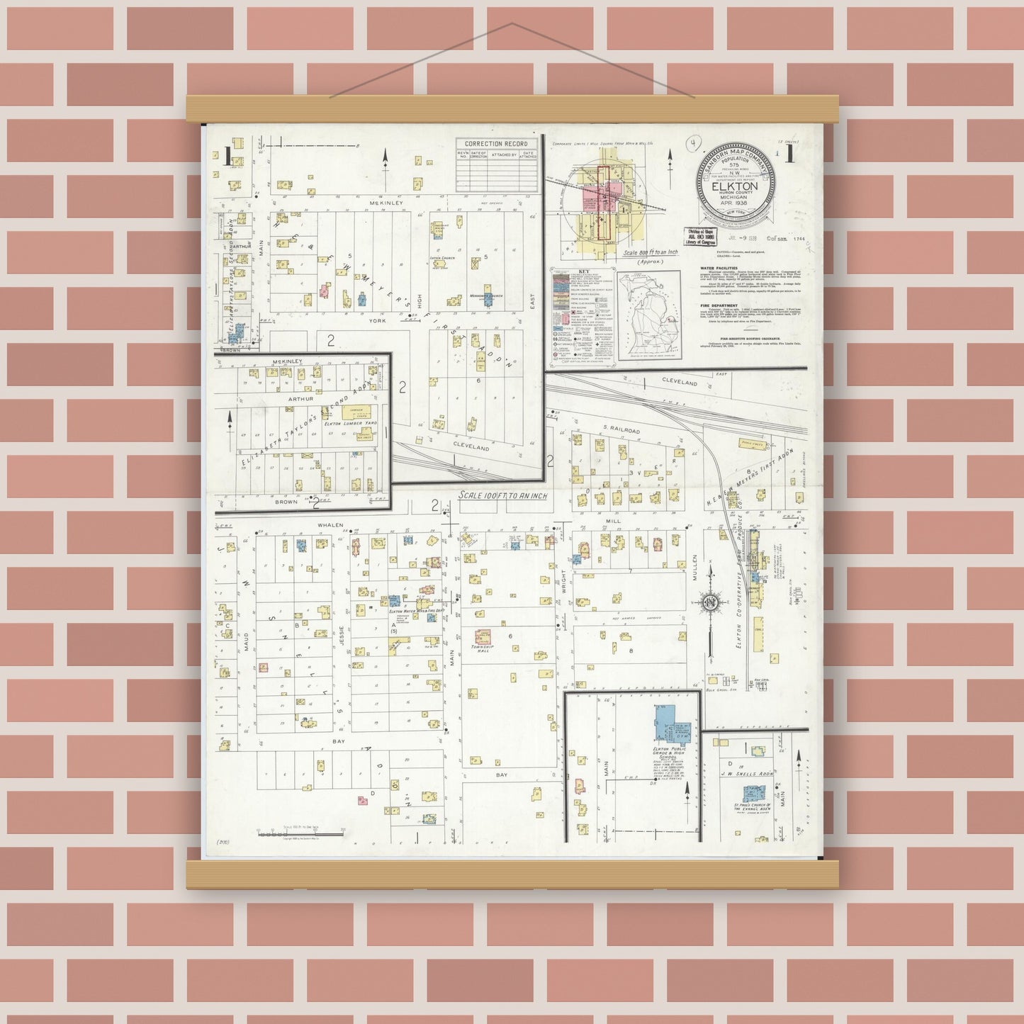 Old map wall art mockup — magnetic wood frame on brick wall — Sanborn Fire Insurance Map from Elkton, Huron County, Michigan (1938), Sheet #0001