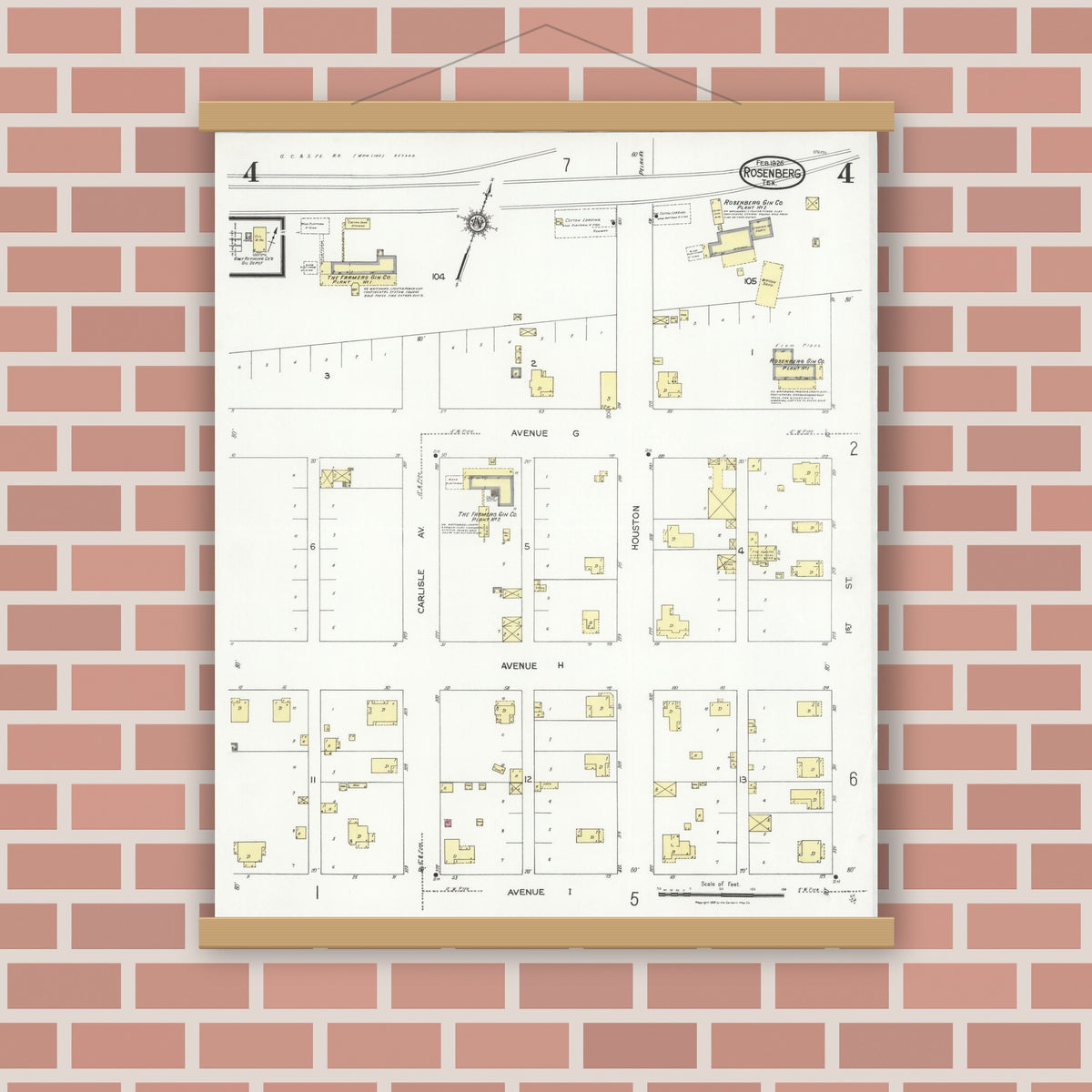 Old map wall art mockup — magnetic wood frame on brick wall — Sanborn Fire Insurance Map from Rosenberg, Fort Bend County, Texas (1926), Sheet #0004