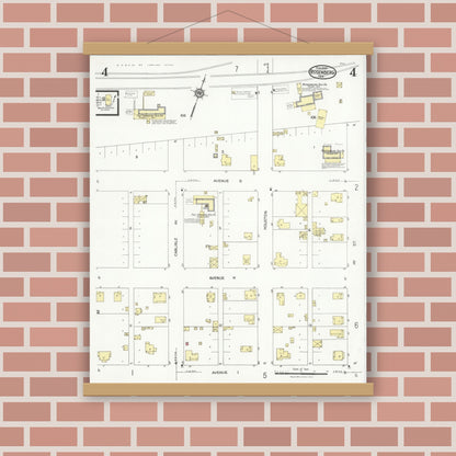 Old map wall art mockup — magnetic wood frame on brick wall — Sanborn Fire Insurance Map from Rosenberg, Fort Bend County, Texas (1926), Sheet #0004