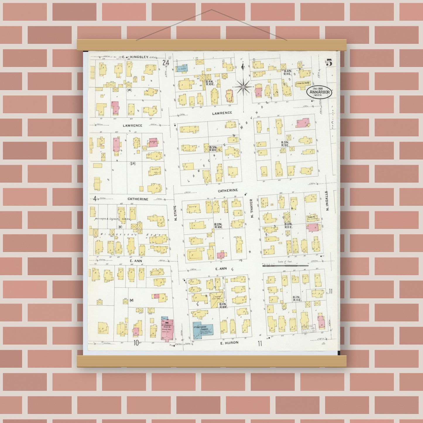 Old map wall art mockup — magnetic wood frame on brick wall — Sanborn Fire Insurance Map from Ann Arbor, Washtenaw County, Michigan (1908), Sheet #0005