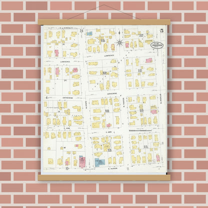Old map wall art mockup — magnetic wood frame on brick wall — Sanborn Fire Insurance Map from Ann Arbor, Washtenaw County, Michigan (1908), Sheet #0005