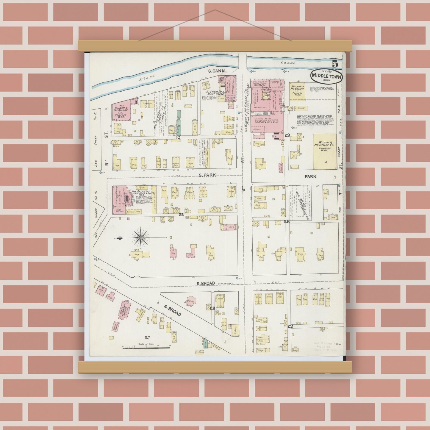 Old map wall art mockup — magnetic wood frame on brick wall — Sanborn Fire Insurance Map from Middletown, Butler County, Ohio (1890), Sheet #0005