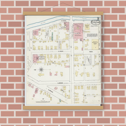 Old map wall art mockup — magnetic wood frame on brick wall — Sanborn Fire Insurance Map from Middletown, Butler County, Ohio (1890), Sheet #0005
