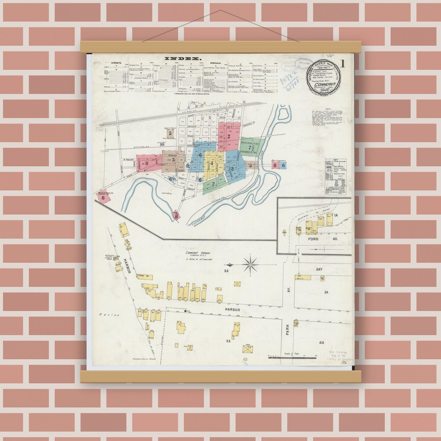 Old map wall art mockup — magnetic wood frame on brick wall — Sanborn Fire Insurance Map from Conneaut, Ashtabula County, Ohio (1898) - Complete Map Set